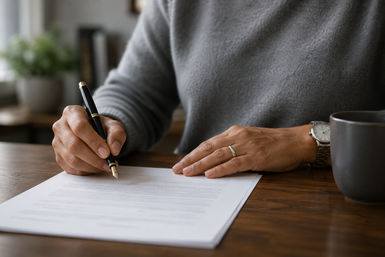 A person signing paperwork on a clean desk