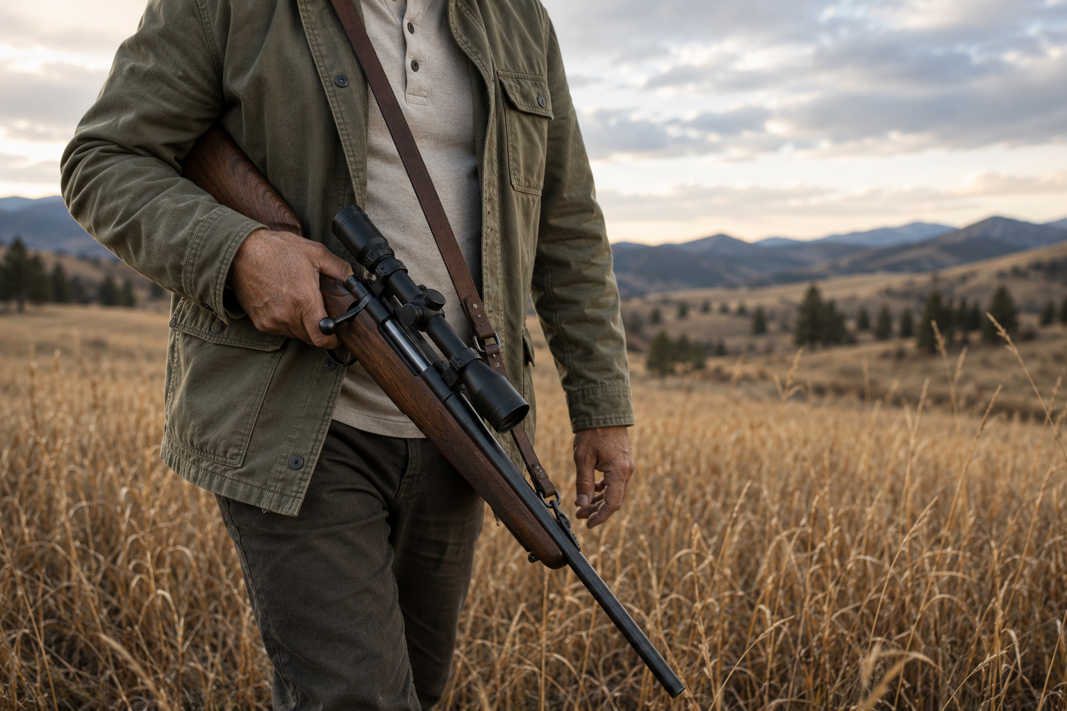 A hunter on the prairie at golden hour